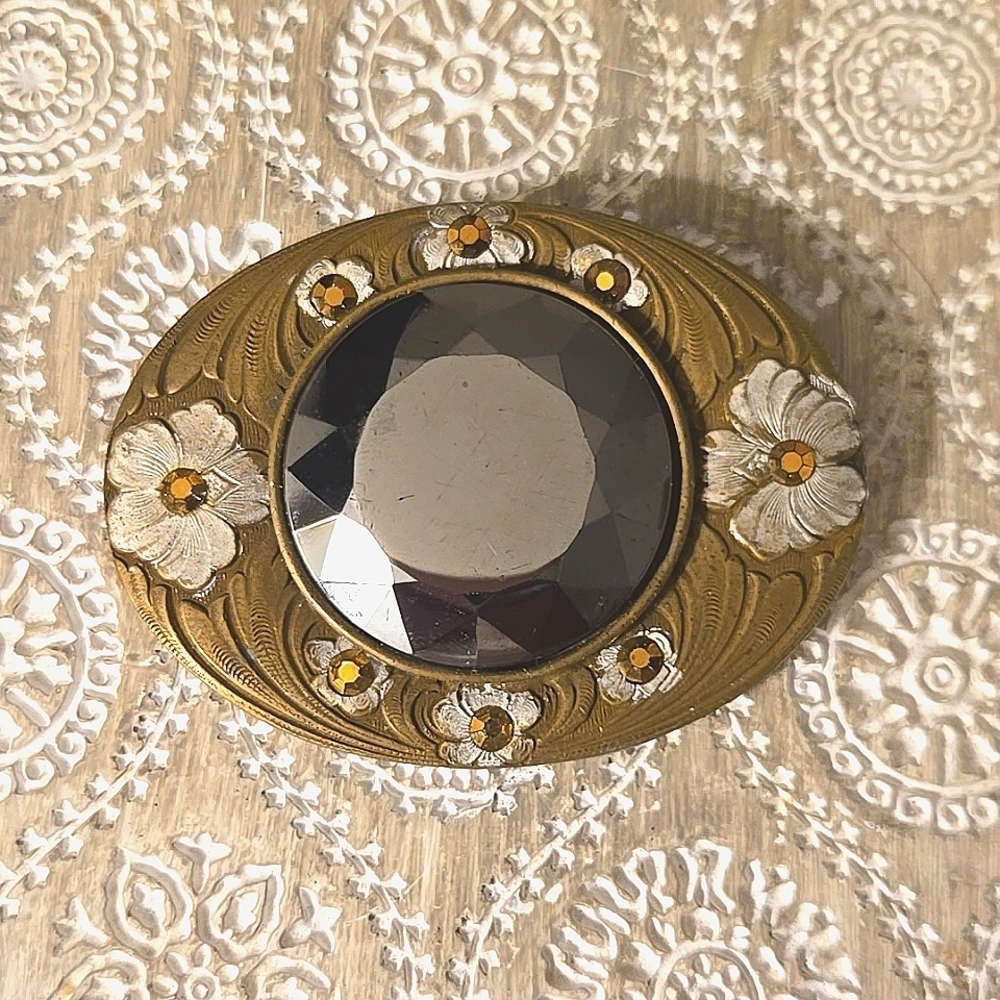 Huge Vintage Art Nouveau Brass Brooch w/ Large Hematite Stone ~RARE, Unique!